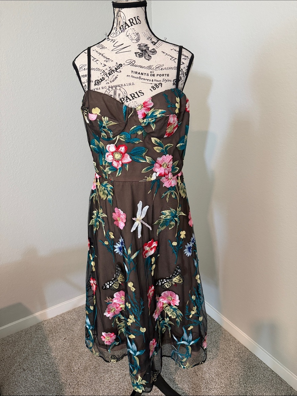 Dress the Population Brown Floral Embroidered Midi Dress